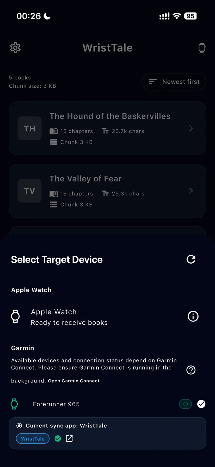 English WristTale device picker on iPhone showing Apple Watch ready to receive books and a separate Garmin destination