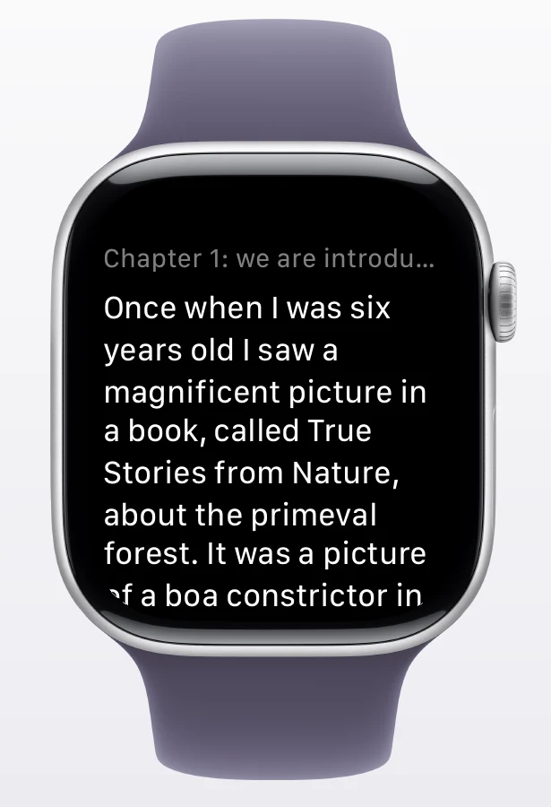 Apple Watch with WristTale open to an English reading page, shown in a silver watch frame with a purple band