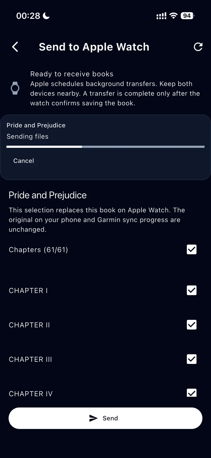 English WristTale Send to Apple Watch screen showing selected chapters and file transfer progress