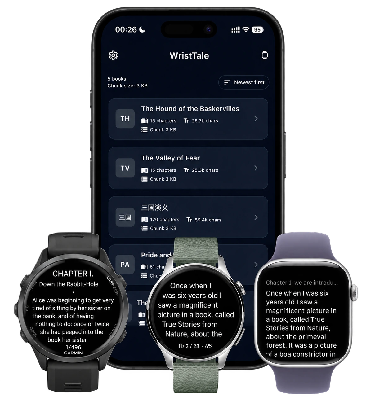 WristTale phone library with reading screens on Garmin, Xiaomi Watch 5, and Apple Watch